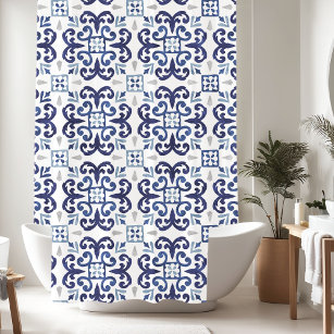 Cortina Para Box Padrão de Azulejo Floral Branco e Azul do Marrocos