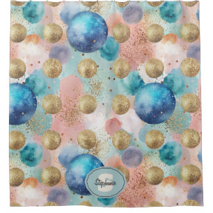 Cortina Para Box Padrão de Círculo Dourado e Azul com Acentos de Gl