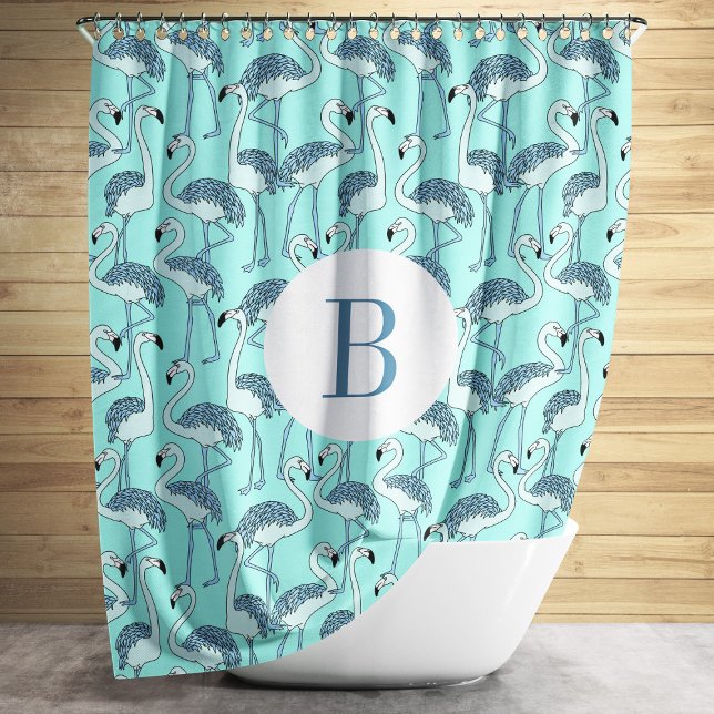 Cortina Para Box Padrão de Flamingos Azuis de Monograma Cuto (Cute Monogram Blue Flamingos Pattern Shower Curtain)