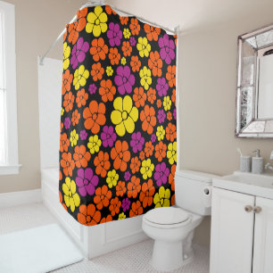 Cortina Para Box Padrão de Flor - Preto, Rosa, Laranja e Amarelo