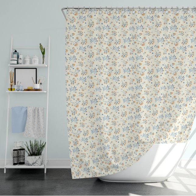 Cortina Para Box Padrão de flor selvagem azul-amarelo (Yellow Blue Vintage Wildflower Pattern Shower Curtain)