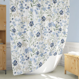 Cortina Para Box Padrão de Flor Silvestre Aquarela Azul