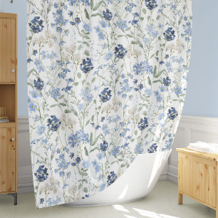 Cortina Para Box Padrão de Flor Silvestre Aquarela Azul