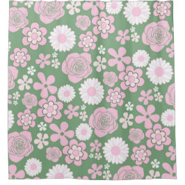 Cortina Para Box Padrão de Flor Y2K 70s - Cor-de-rosa Verde