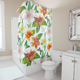 Cortina Para Box Padrão de Flores Tropicais e Borboletas