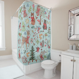 Cortina Para Box Padrão de Floresta de Neve Azul dos Animais da Flo