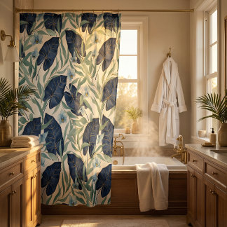 Cortina Para Box Padrão de Folha Botânica Tropical Azul – Elegante