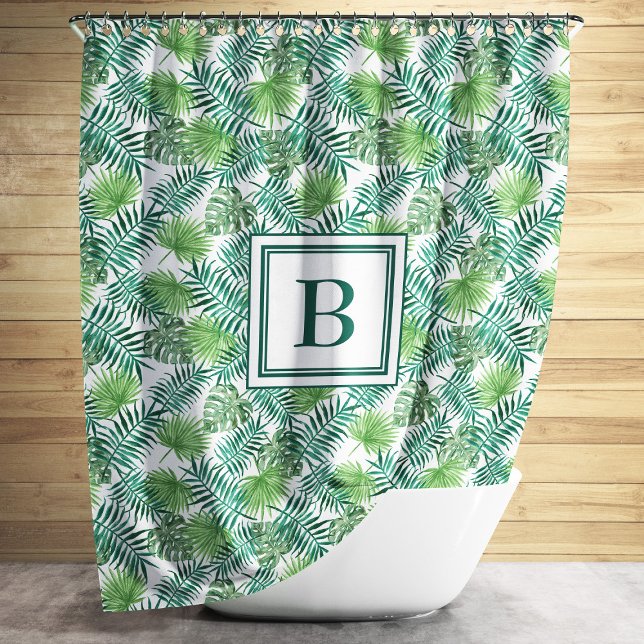 Cortina Para Box Padrão de Folhas de Monograma Elegante (Elegant Monogram Palm Leaves Pattern Shower Curtain)