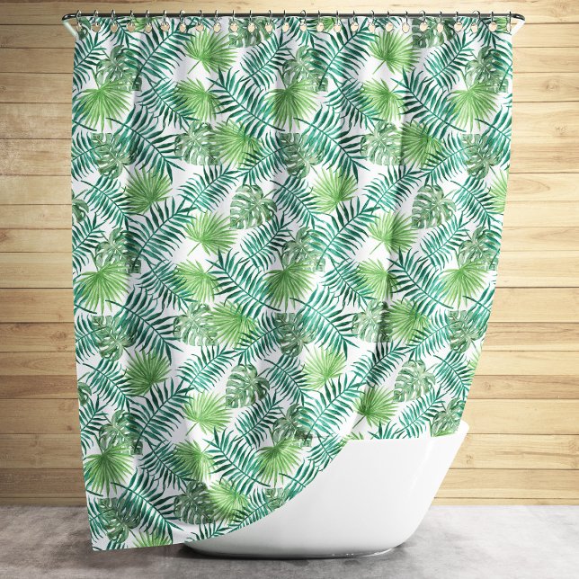 Cortina Para Box Padrão de Folhas Tropicais Verdes (Green Tropical Palm Leaves Pattern Shower Curtain)