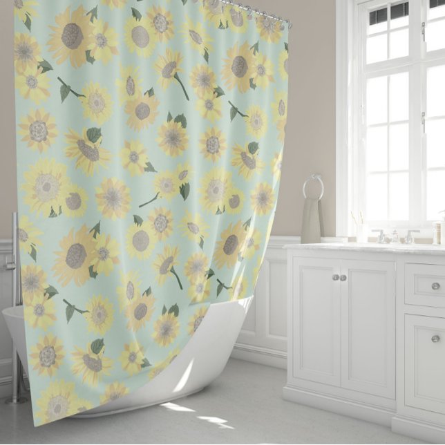 Cortina Para Box Padrão de girassol amarelo-branco azul (Sunflower Pattern Whimsical Yellow Blue Shower Curtain from Allison Steffen for Studio Posies.)