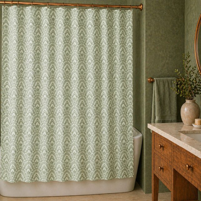 Cortina Para Box Padrão de Leque Verde Sage Art Déco (Criador carregado)