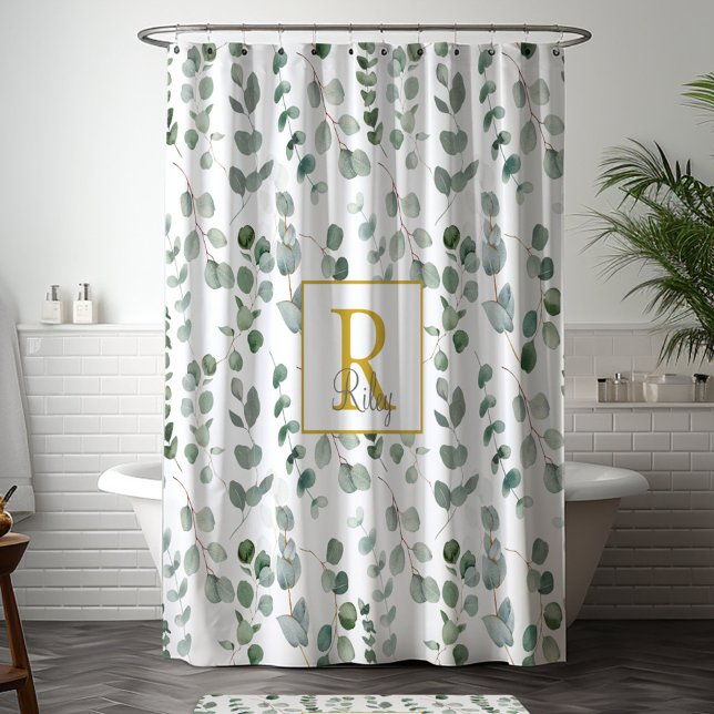Cortina Para Box Padrão de Monograma de Eucalipto (In situ bathroom)