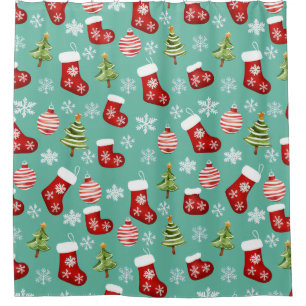 Cortina Para Box Padrão De Natal Invisível. Meias, Árvores, Bauble,