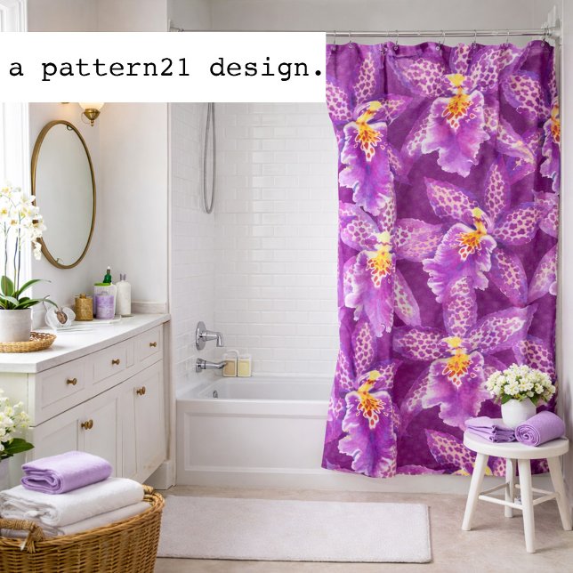 Cortina Para Box Padrão de orquídea roxa (Vibrant orchid blooms bring tropical color to a fresh spa-style bathroom retreat.)