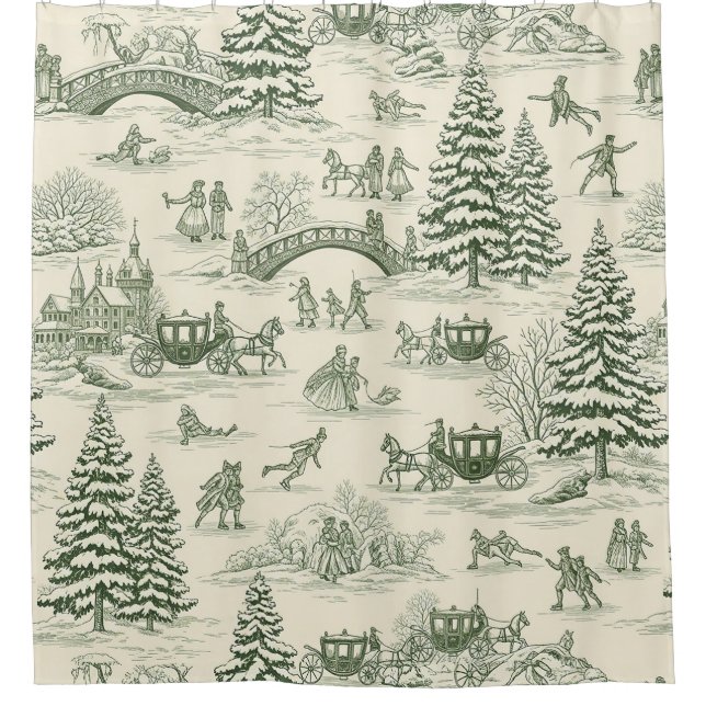 Cortina Para Box Padrão de Passeio de Trenó de Natal em Toile Verde (Frente)