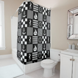 Cortina Para Box Padrão de Patchwork Náutico Preto e Branco