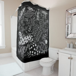 Cortina Para Box Padrão de Peixe Decorativo Preto e Branco Moderno 