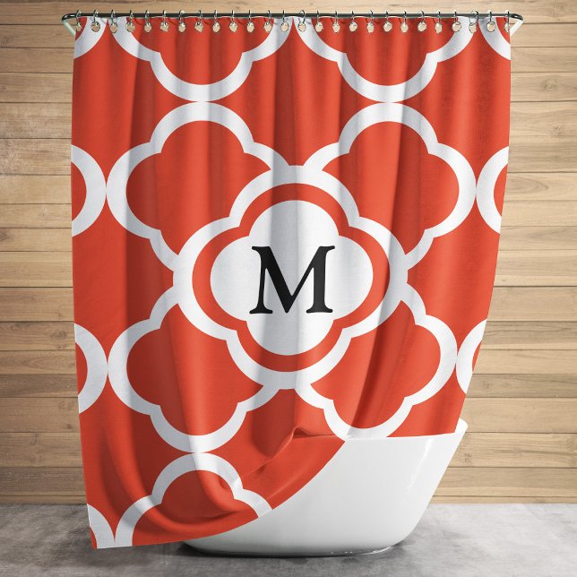 Cortina Para Box Padrão de Quatrefoil Laranja Monograma Elegante (Elegant Monogram Orange Quatrefoil Pattern Shower Curtain)