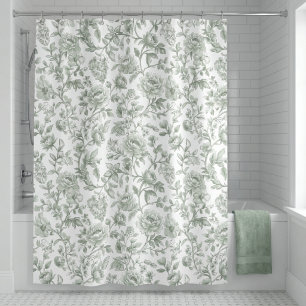 Cortina Para Box Padrão de Toile Floral Verde Salvia Vintage