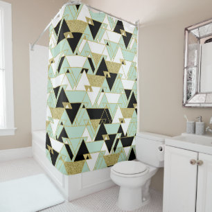 Cortina Para Box Padrão de Triângulos Dourado Verde Água Preta Bran