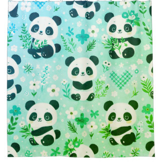 Cortina Para Box Padrão de Urso Panda Verde Impresso