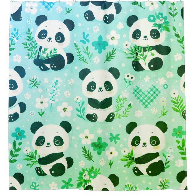 Cortina Para Box Padrão de Urso Panda Verde Impresso (Frente)