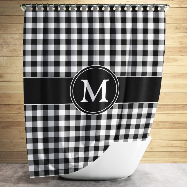 Cortina Para Box Padrão de Verificação de Monograma Preto e Branco  (Modern Black And White Plaid Monogram Shower Curtain)
