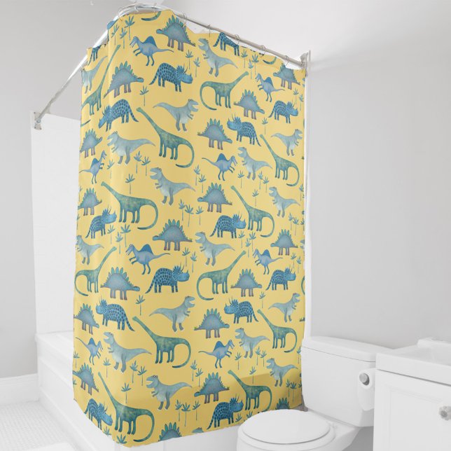 Cortina Para Box Padrão Dinossauro Pré-Histórico Bonito Amarelo (Fun dinosaur pattern yellow shower curtain featuring Tyrannosaur, Diplodocus, Triceratops and more.)