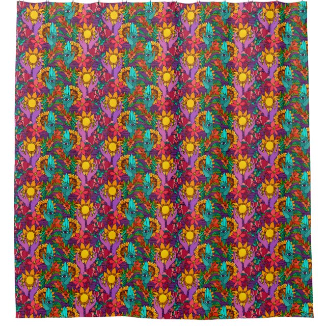 Cortina Para Box Padrão divertido com flores e mãos (Frente)