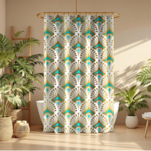 Cortina Para Box Padrão Dourado e azul de Arte Deco em Branco