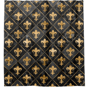 Cortina Para Box Padrão Fleur-de-lis Marble Preto e Dourado