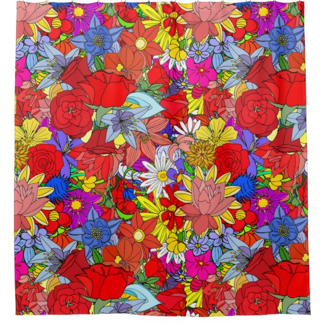 Cortina Para Box Padrão Floral Amarelo Azul Roxo Vermelho Verde (Frente)