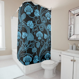 Cortina Para Box Padrão Floral Anterior Preto em Azul