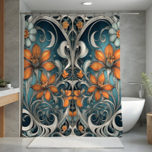 Cortina Para Box padrão floral Art Nouveau azul-turquesa laranja