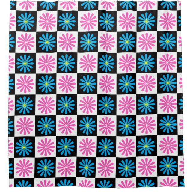 Cortina Para Box Padrão Floral Azul-Rosa Geométrico (Frente)