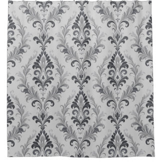 Cortina Para Box Padrão Floral Barroco em Cinza Prateado Damask