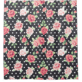 Cortina Para Box Padrão Floral Bolinhas branca em fundo preto