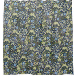 Cortina Para Box Padrão Floral de Algas Marinhas Vintage Fundo Azul