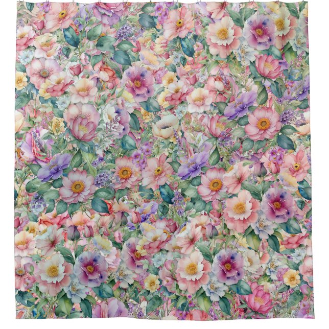 Cortina Para Box Padrão Floral de Aquarela, Fundo Floral (Frente)