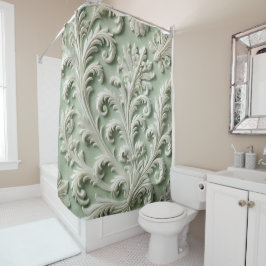 Cortina Para Box Padrão Floral de Damasco Branco Padrão Verde Suave