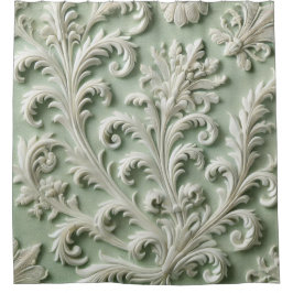 Cortina Para Box Padrão Floral de Damasco Branco Padrão Verde Suave