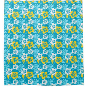 Cortina Para Box Padrão Floral de Hibiscus do Havaí Azul