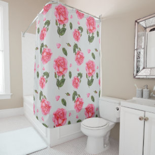 Cortina Para Box Padrão Floral de Rosas Rosa Chique de Aquarela
