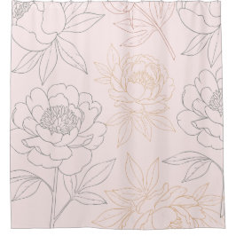 Cortina Para Box Padrão Floral Elegante Blush Rosa e Dourado Peony