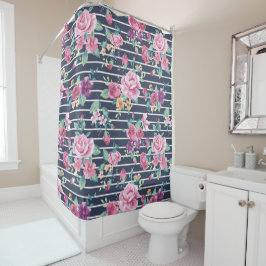 Cortina Para Box Padrão Floral em Rosas de Stripe Púrpura Rosa