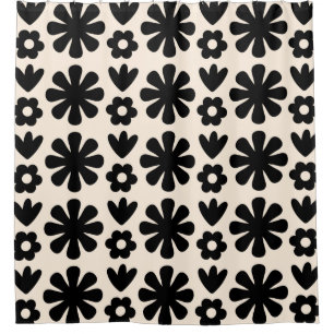 Cortina Para Box Padrão Floral Escandinavo Retroativo Preto e Creme