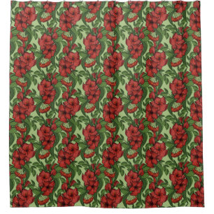 Cortina Para Box Padrão Floral Flores Vermelhos Verde em Sangue de 