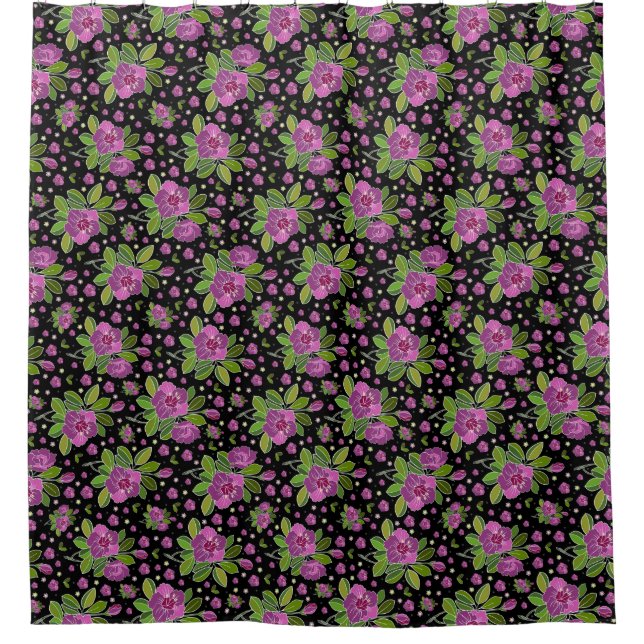 Cortina Para Box Padrão Floral Lilás Rosa Verde Preto (Frente)