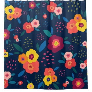 Cortina Para Box Padrão Floral Moderno Coral Azul Negrito