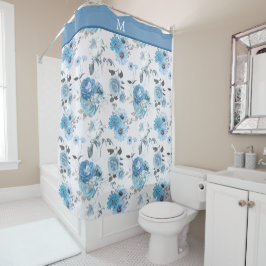 Cortina Para Box Padrão Floral Monograma de Borda Azul